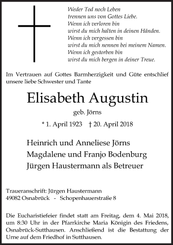 Traueranzeige von Elisabeth Augustin von Neue Osnabrücker Zeitung GmbH & Co. KG