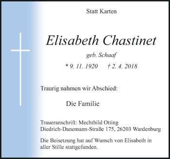 Traueranzeige von Elisabeth Chastinet von Neue Osnabrücker Zeitung GmbH & Co. KG