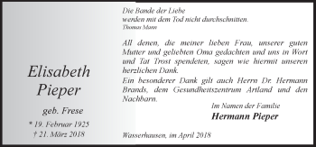 Traueranzeige von Elisabeth Pieper von Neue Osnabrücker Zeitung GmbH & Co. KG
