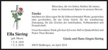 Traueranzeige von Ella Siering von Neue Osnabrücker Zeitung GmbH & Co. KG