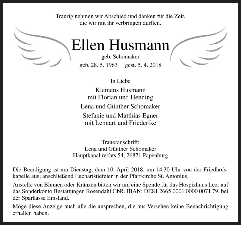  Traueranzeige für Ellen Husmann vom 07.04.2018 aus Neue Osnabrücker Zeitung GmbH & Co. KG