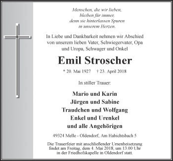 Traueranzeige von Emil Stroscher von Neue Osnabrücker Zeitung GmbH & Co. KG