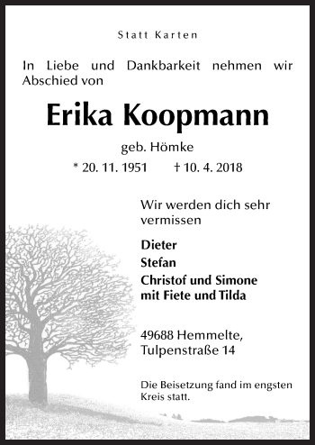 Traueranzeige von Erika Koopmann von Neue Osnabrücker Zeitung GmbH & Co. KG