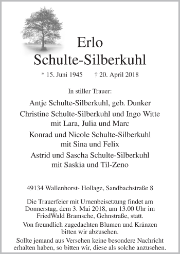 Traueranzeige von Erlo Schulte-Silberkuhl von Neue Osnabrücker Zeitung GmbH & Co. KG