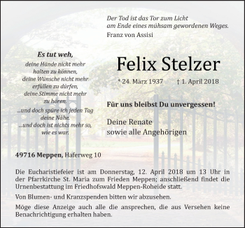 Traueranzeige von Felix Stelzer von Neue Osnabrücker Zeitung GmbH & Co. KG