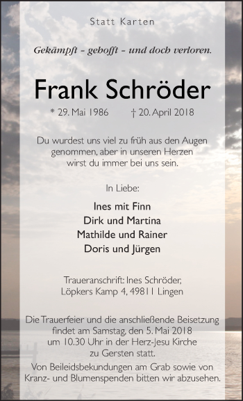 Traueranzeige von Frank Schröder von Neue Osnabrücker Zeitung GmbH & Co. KG