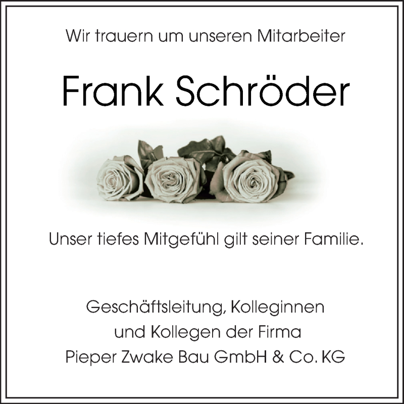 Traueranzeige für Frank Schröder vom 30.04.2018 aus Neue Osnabrücker Zeitung GmbH & Co. KG