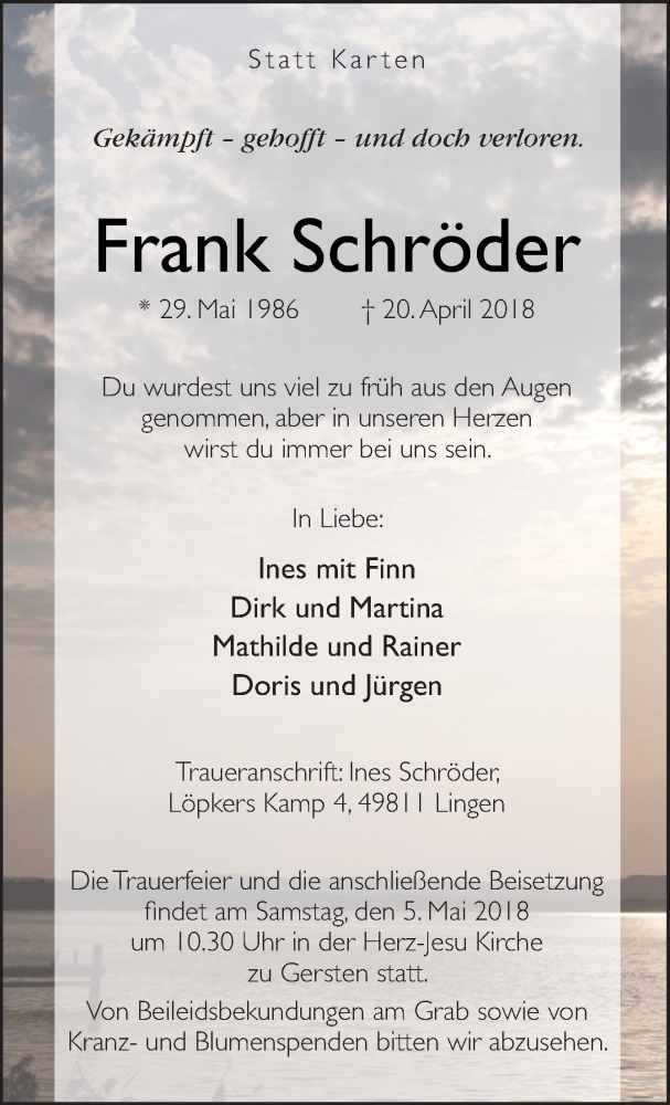  Traueranzeige für Frank Schröder vom 28.04.2018 aus Neue Osnabrücker Zeitung GmbH & Co. KG