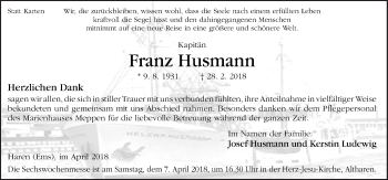 Traueranzeige von Franz Husmann von Neue Osnabrücker Zeitung GmbH & Co. KG