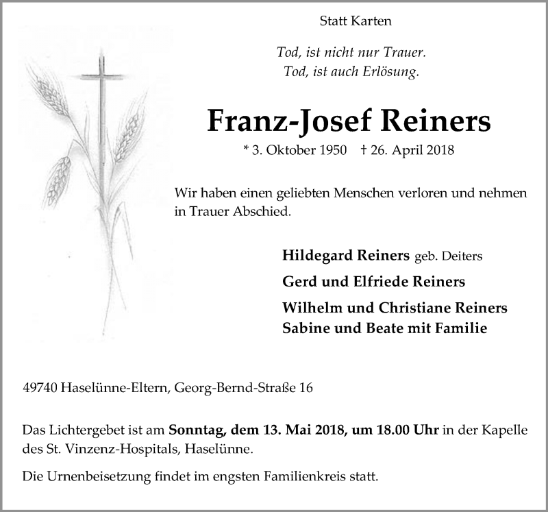  Traueranzeige für Franz-Josef Reiners vom 30.04.2018 aus Neue Osnabrücker Zeitung GmbH & Co. KG
