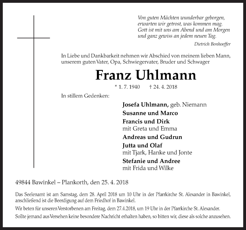  Traueranzeige für Franz Uhlmann vom 26.04.2018 aus Neue Osnabrücker Zeitung GmbH & Co. KG