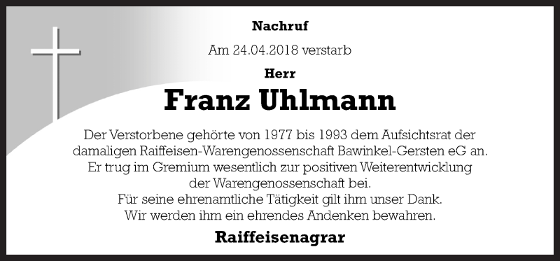  Traueranzeige für Franz Uhlmann vom 28.04.2018 aus Neue Osnabrücker Zeitung GmbH & Co. KG