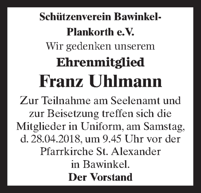  Traueranzeige für Franz Uhlmann vom 27.04.2018 aus Neue Osnabrücker Zeitung GmbH & Co. KG
