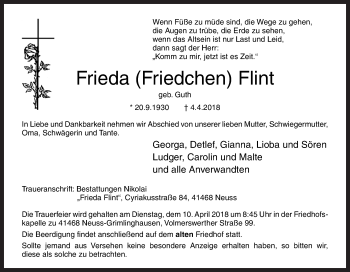 Traueranzeige von Frieda Flint von Neue Osnabrücker Zeitung GmbH & Co. KG