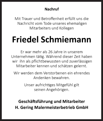 Traueranzeige von Friedel Schmiemann von Neue Osnabrücker Zeitung GmbH & Co. KG