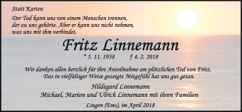 Traueranzeige von Fritz Linnemann von Neue Osnabrücker Zeitung GmbH & Co. KG