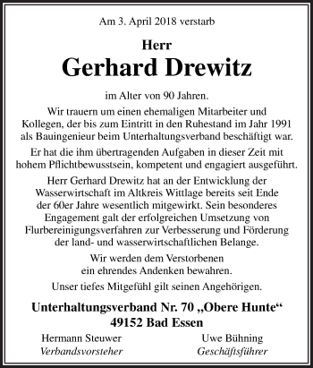 Traueranzeige von Gerhard Drewitz von Neue Osnabrücker Zeitung GmbH & Co. KG