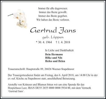 Traueranzeige von Gertrud Jans von Neue Osnabrücker Zeitung GmbH & Co. KG