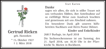 Traueranzeige von Gertrud Rieken von Neue Osnabrücker Zeitung GmbH & Co. KG