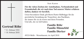 Traueranzeige von Gertrud Röhr von Neue Osnabrücker Zeitung GmbH & Co. KG