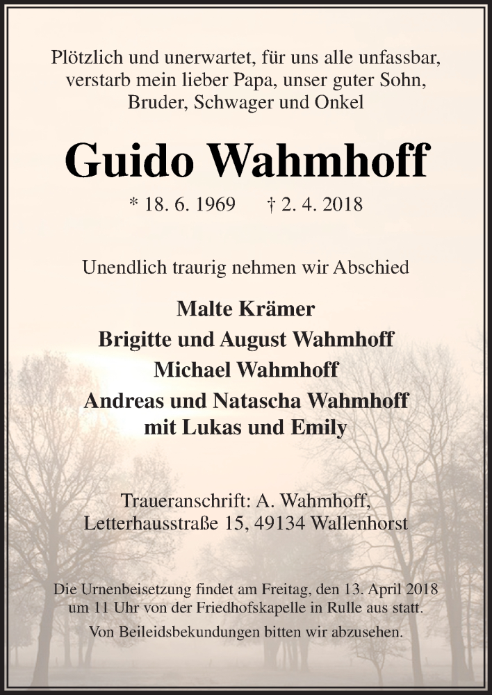  Traueranzeige für Guido Wahmhoff vom 07.04.2018 aus Neue Osnabrücker Zeitung GmbH & Co. KG