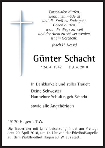 Traueranzeige von Günter Schacht von Neue Osnabrücker Zeitung GmbH & Co. KG