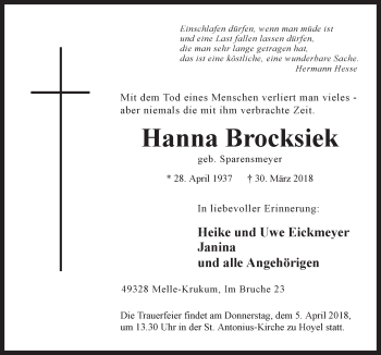 Traueranzeige von Hanna Brocksiek von Neue Osnabrücker Zeitung GmbH & Co. KG