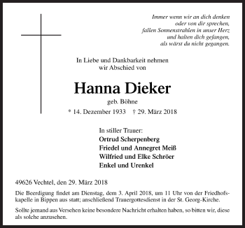 Traueranzeige von Hanna Dieker von Neue Osnabrücker Zeitung GmbH & Co. KG