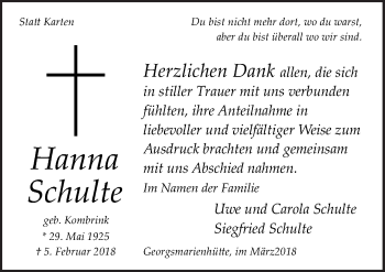 Traueranzeige von Hanna Schulte von Neue Osnabrücker Zeitung GmbH & Co. KG