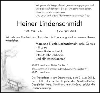 Traueranzeige von Heiner Lindenschmidt von Neue Osnabrücker Zeitung GmbH & Co. KG