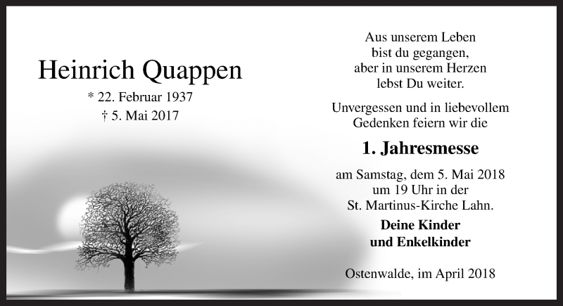  Traueranzeige für Heinrich Quappen vom 28.04.2018 aus Neue Osnabrücker Zeitung GmbH & Co. KG