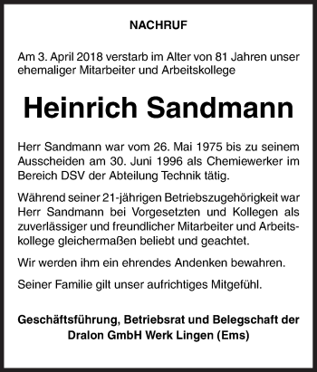 Traueranzeige von Heinrich Sandmann von Neue Osnabrücker Zeitung GmbH & Co. KG