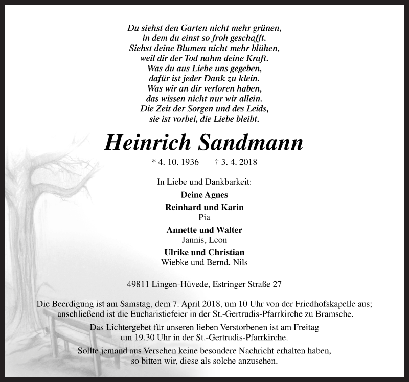  Traueranzeige für Heinrich Sandmann vom 05.04.2018 aus Neue Osnabrücker Zeitung GmbH & Co. KG