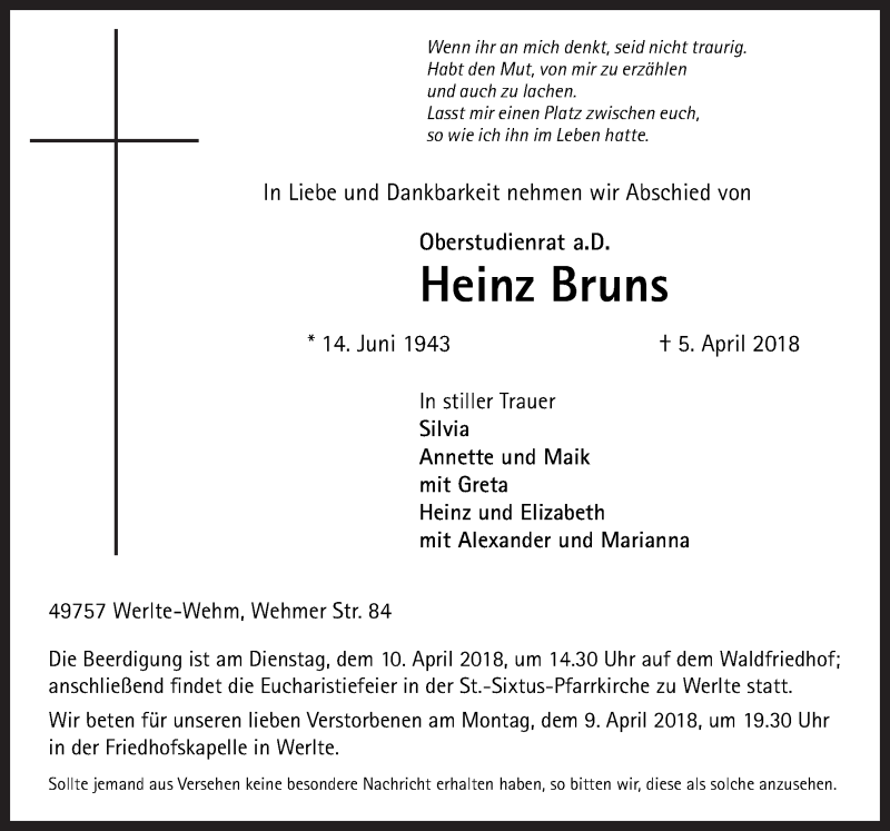  Traueranzeige für Heinz Bruns vom 07.04.2018 aus Neue Osnabrücker Zeitung GmbH & Co. KG