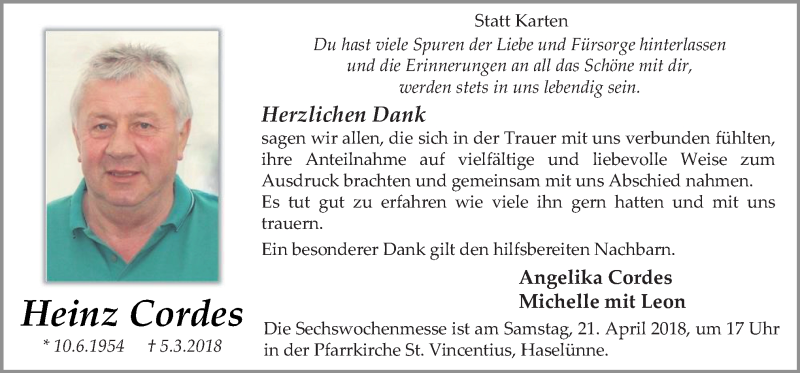  Traueranzeige für Heinz Cordes vom 18.04.2018 aus Neue Osnabrücker Zeitung GmbH & Co. KG