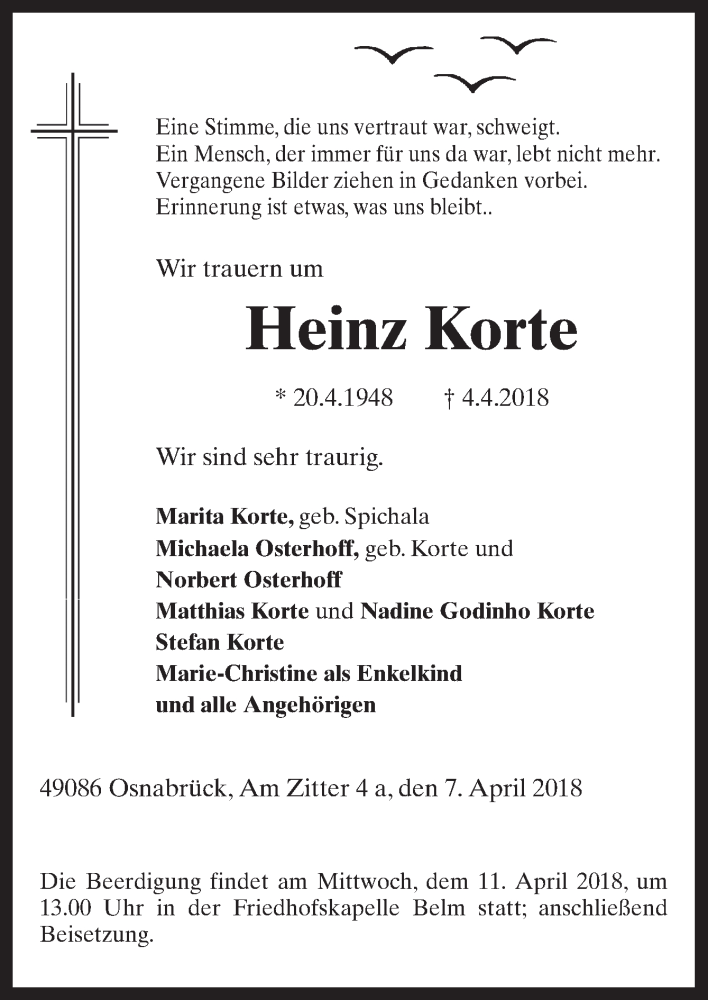 Traueranzeigen von Heinz Korte | noz Trauerportal