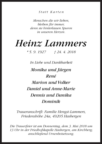 Traueranzeige von Heinz Lammers von Neue Osnabrücker Zeitung GmbH & Co. KG