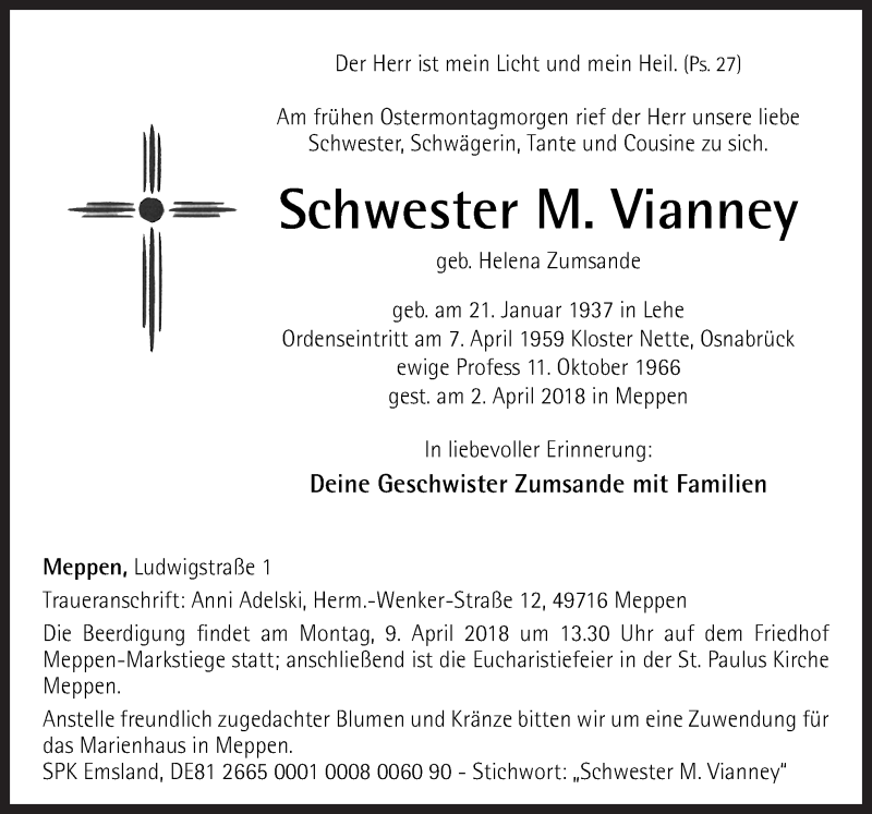  Traueranzeige für Helena Zumsande vom 05.04.2018 aus Neue Osnabrücker Zeitung GmbH & Co. KG