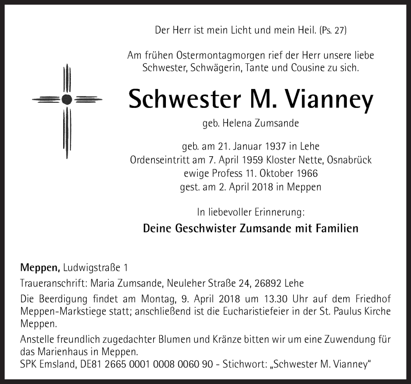  Traueranzeige für Helena Zumsande vom 05.04.2018 aus Neue Osnabrücker Zeitung GmbH & Co. KG