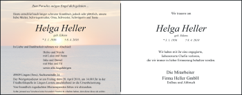 Traueranzeige von Helga Heller von Neue Osnabrücker Zeitung GmbH & Co. KG