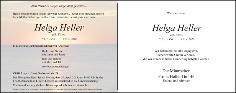  Traueranzeige für Helga Heller vom 14.04.2018 aus Neue Osnabrücker Zeitung GmbH & Co. KG