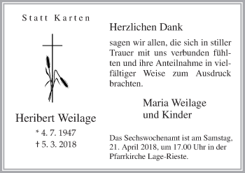 Traueranzeige von Heribert Weilage von Neue Osnabrücker Zeitung GmbH & Co. KG