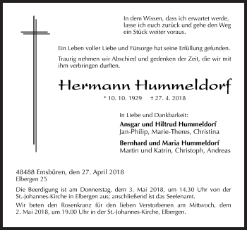 Traueranzeige von Hermann Hummeldorf von Neue Osnabrücker Zeitung GmbH & Co. KG