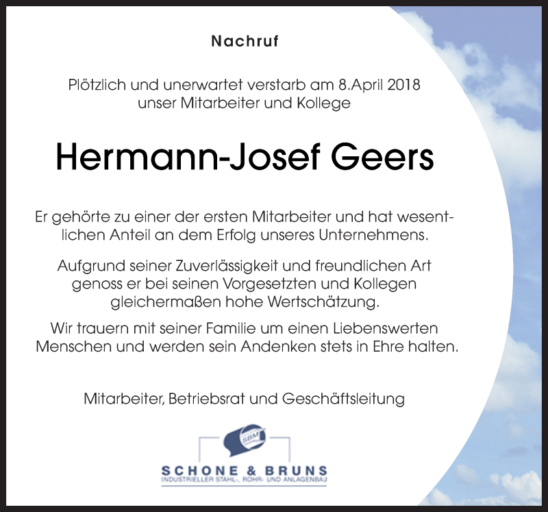  Traueranzeige für Hermann-Josef Geers vom 14.04.2018 aus Neue Osnabrücker Zeitung GmbH & Co. KG