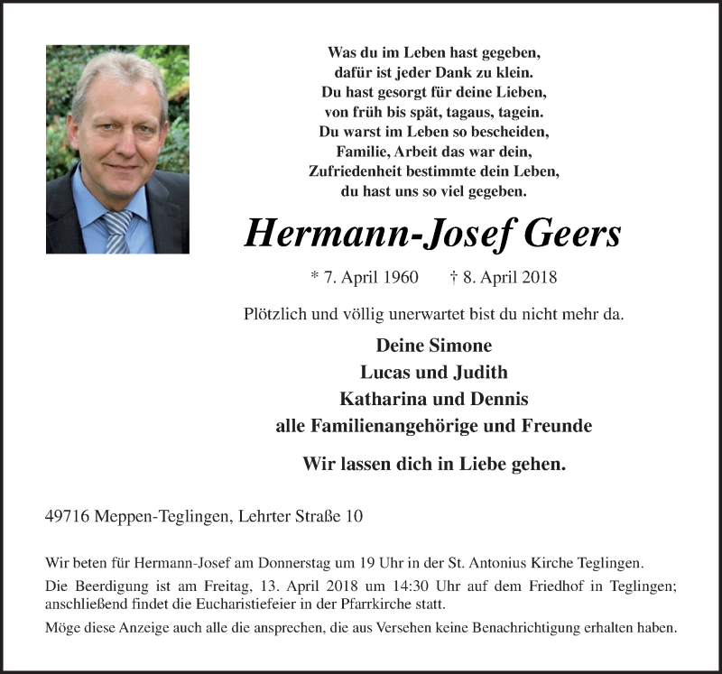 Traueranzeige für Hermann-Josef Geers vom 11.04.2018 aus Neue Osnabrücker Zeitung GmbH & Co. KG