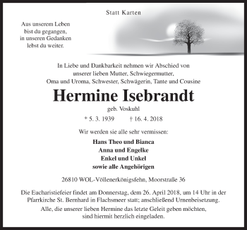 Traueranzeige von Hermine Isebrandt von Neue Osnabrücker Zeitung GmbH & Co. KG