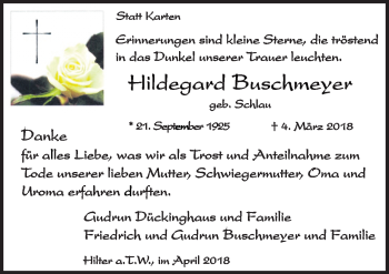 Traueranzeige von Hildegard Buschmeyer von Neue Osnabrücker Zeitung GmbH & Co. KG
