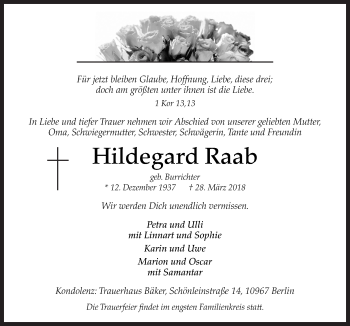 Traueranzeige von Hildegard Raab von Neue Osnabrücker Zeitung GmbH & Co. KG