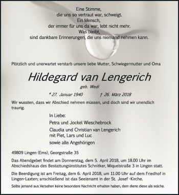 Traueranzeige von Hildegard van Lengerich von Neue Osnabrücker Zeitung GmbH & Co. KG