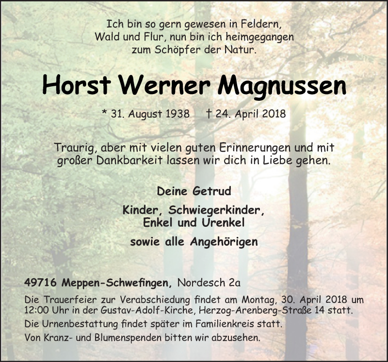  Traueranzeige für Horst Werner Magnussen vom 27.04.2018 aus Neue Osnabrücker Zeitung GmbH & Co. KG